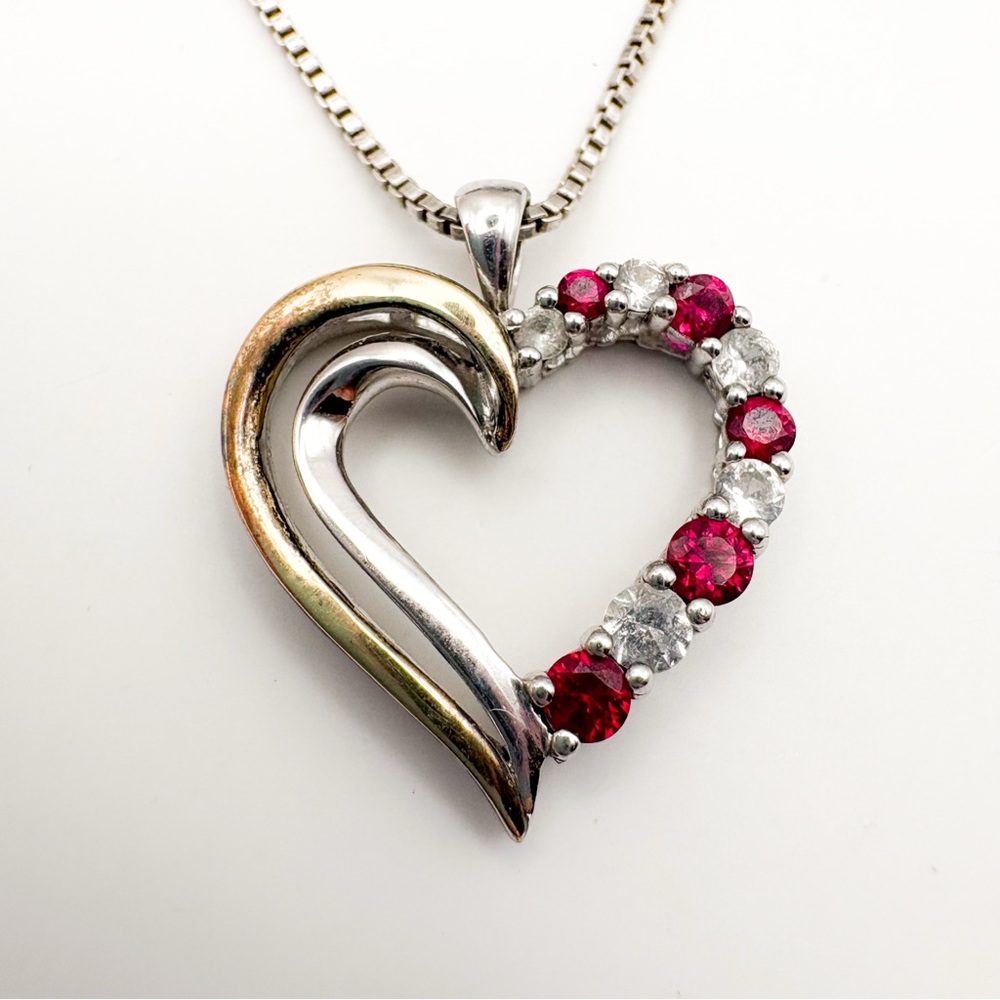 Open Heart Pendant 18” Necklace 10K YG, 925 Sterling Silver, Ruby and CZ
